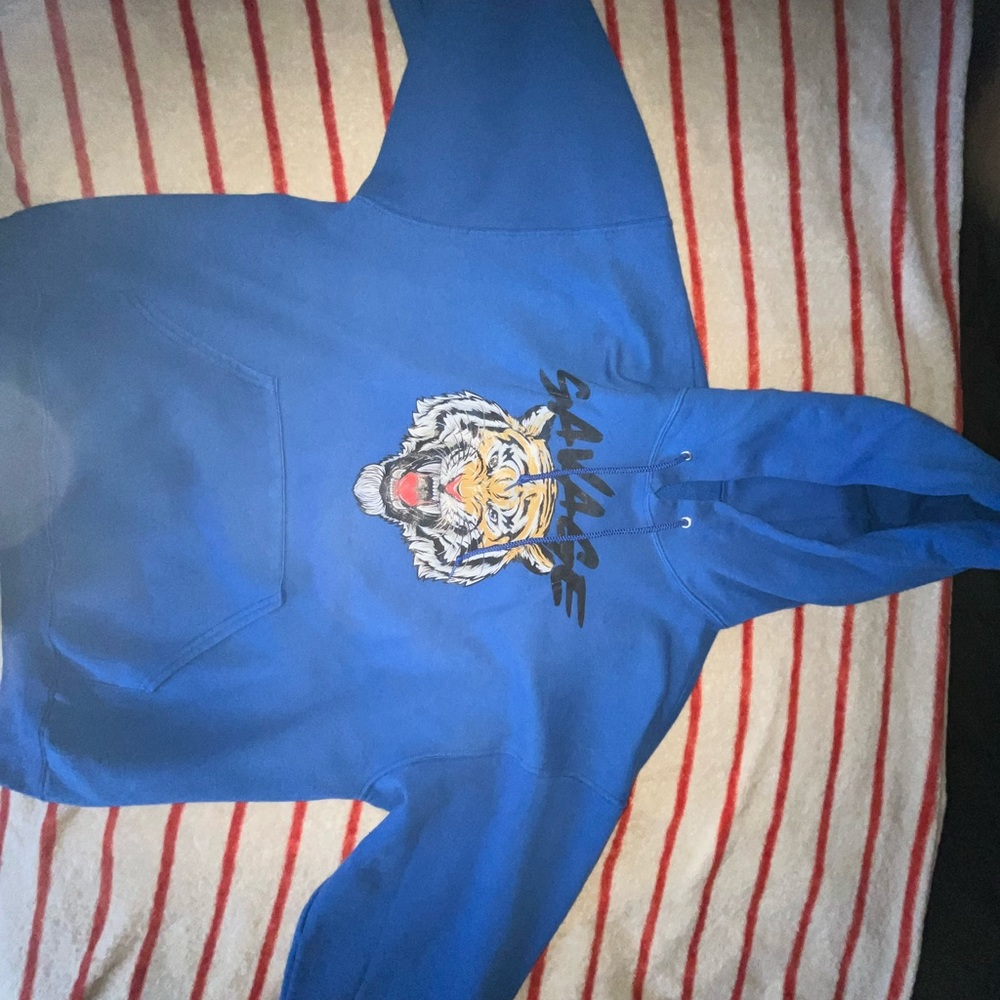 Spoiler Alert Thick Hoodie. Blue With Graphic Tiger Design